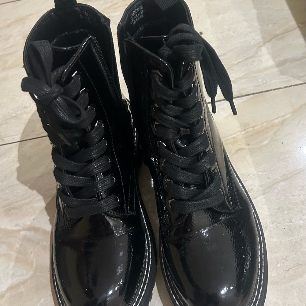 Black Patent Leather Combat Boots with Sturdy Soles
